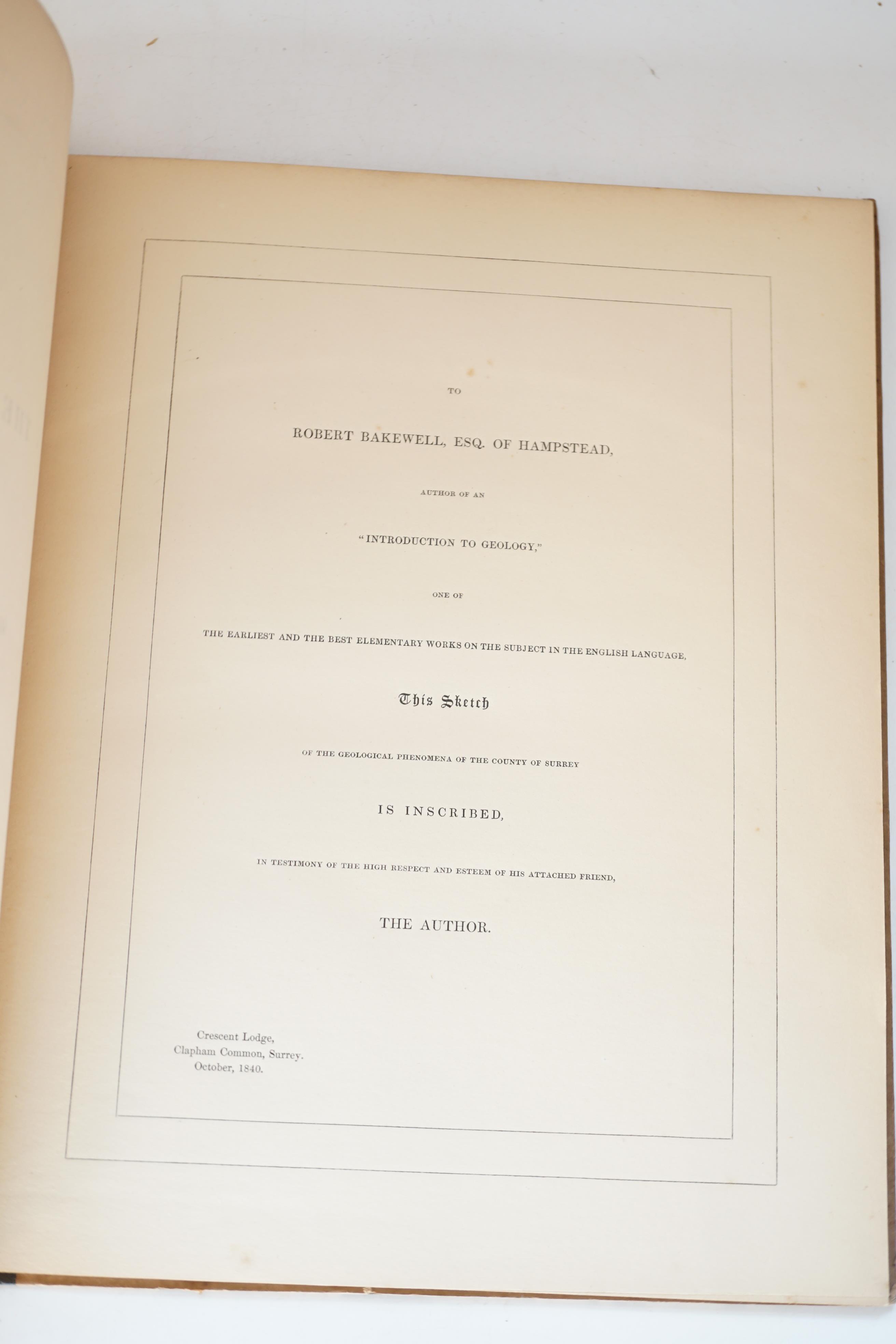 Mantell, Gideon - Sketch of the Geology of Surrey. First separate edition, 4to, 3 lithographed plates, 1 hand-coloured, plate 2 with worming to lower edge, original cloth-backed paper-covered boards, tear to lower sectio